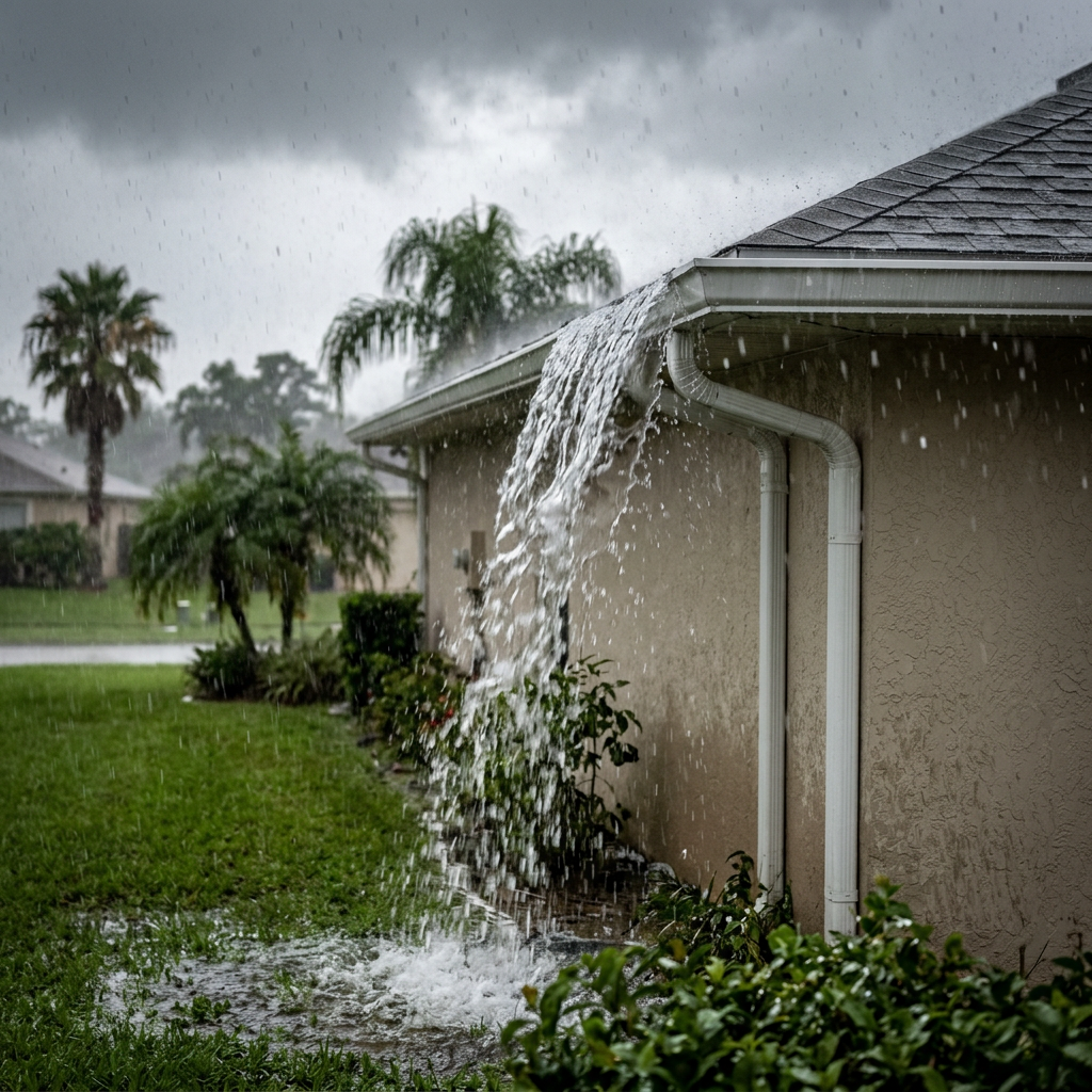 Rainwater pouring from a white seamless gutter downspout at a Central Florida home